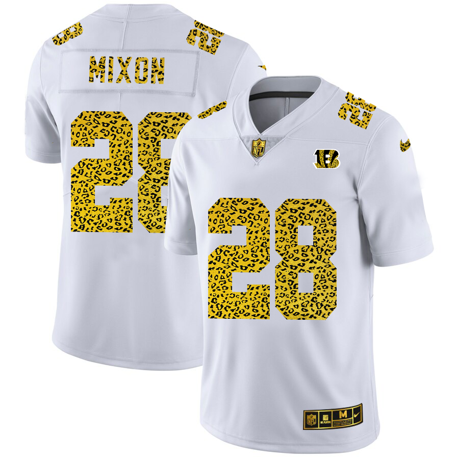 Custom Cincinnati Bengals 28 Joe Mixon Men Nike Flocked Leopard Print Vapor Limited NFL Jersey White